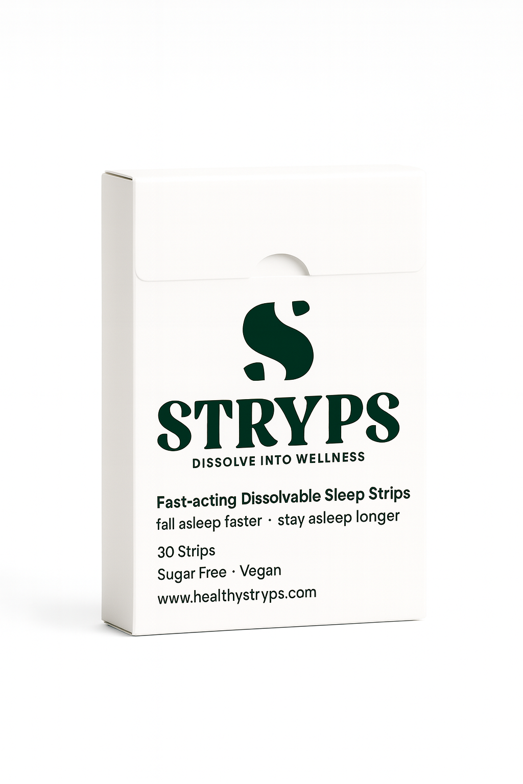 White packaging of STRYPS with green logo and text on a white background